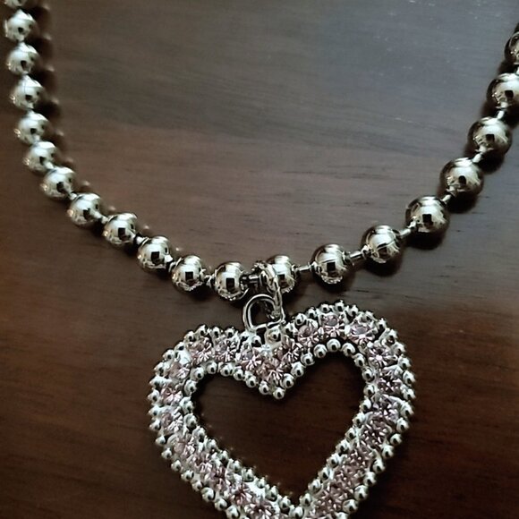 💃  Silver Balls Dog or Cat Neck chain With Heart Rhinestones Pendant 🌴 - Picture 7 of 7
